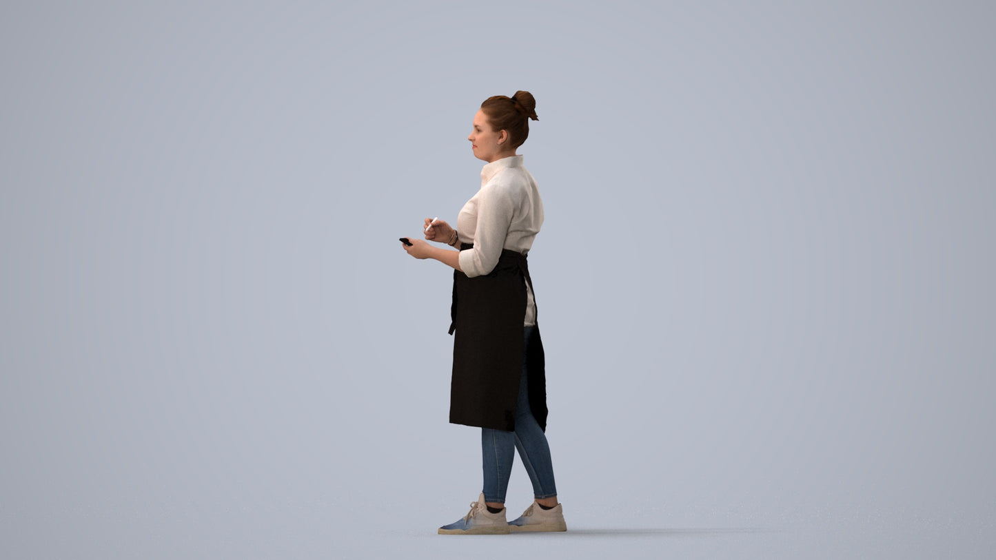 3D human model woman standing, photogrammetry scanned person for archviz, three-quarter view render