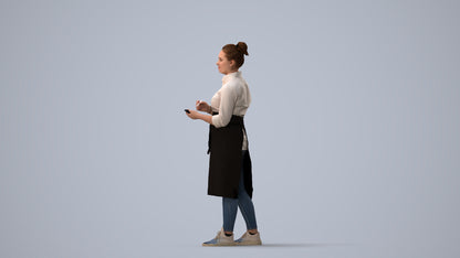 3D human model woman standing, photogrammetry scanned person for archviz, three-quarter view render