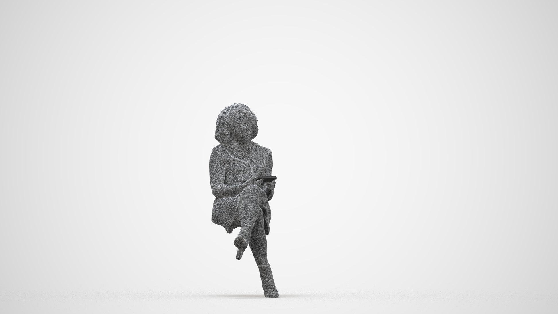 realistic 3D woman casual sitting, scanned archviz people for Blender and 3ds Max, wireframe back view