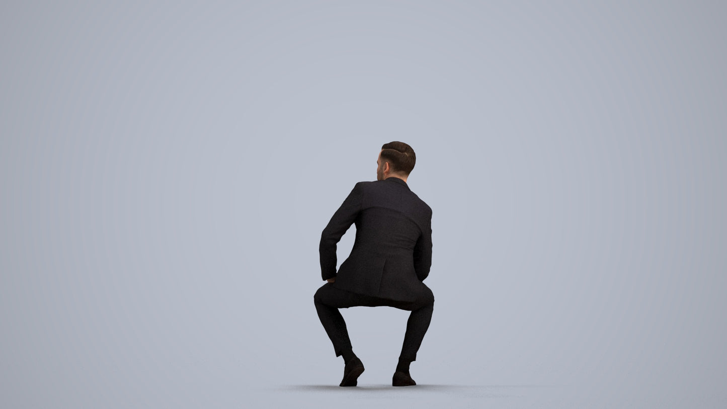 realistic 3D man formal sitting, scanned archviz people for Blender and 3ds Max, front view render