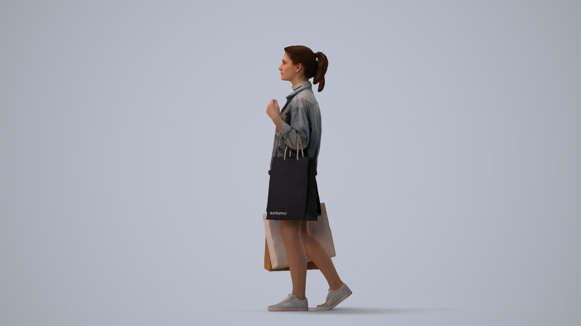 realistic 3D human woman casual walking, archviz people FBX OBJ for Blender, three-quarter view render