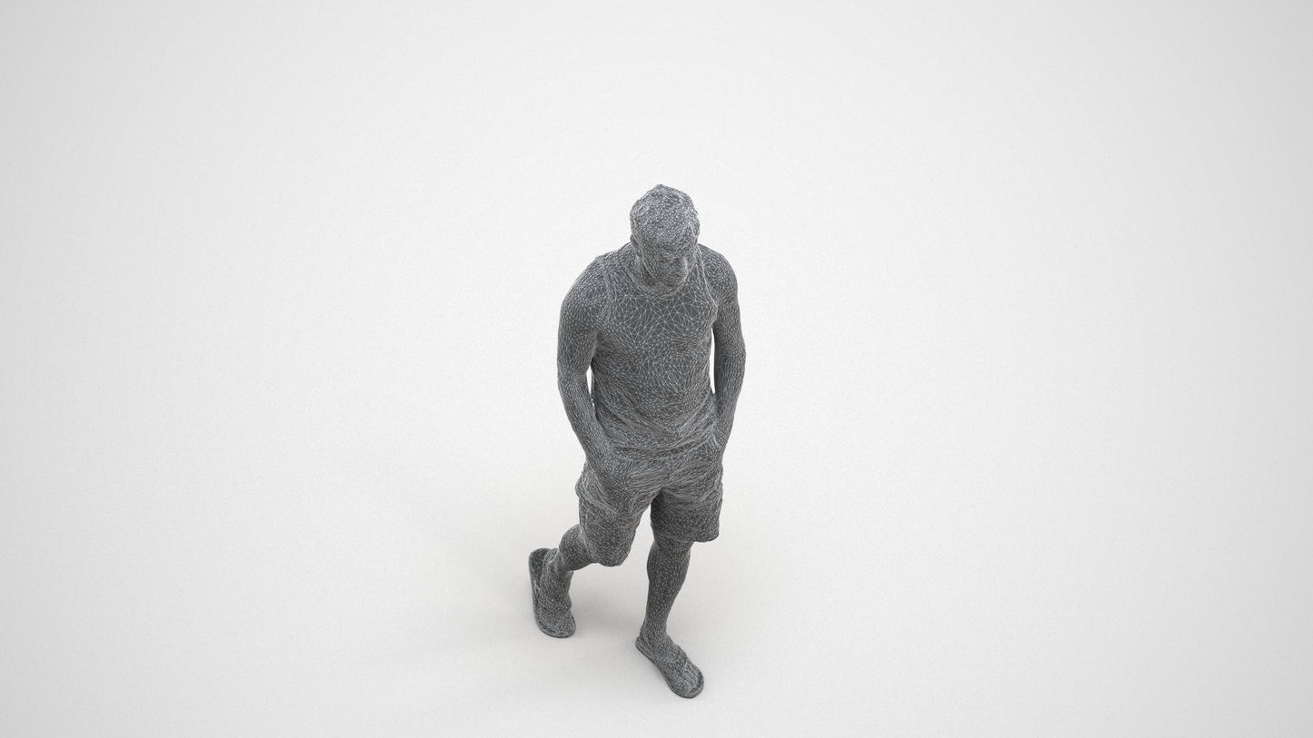 3D human model man casual walking, photogrammetry scanned person for archviz, wireframe three-quarter view