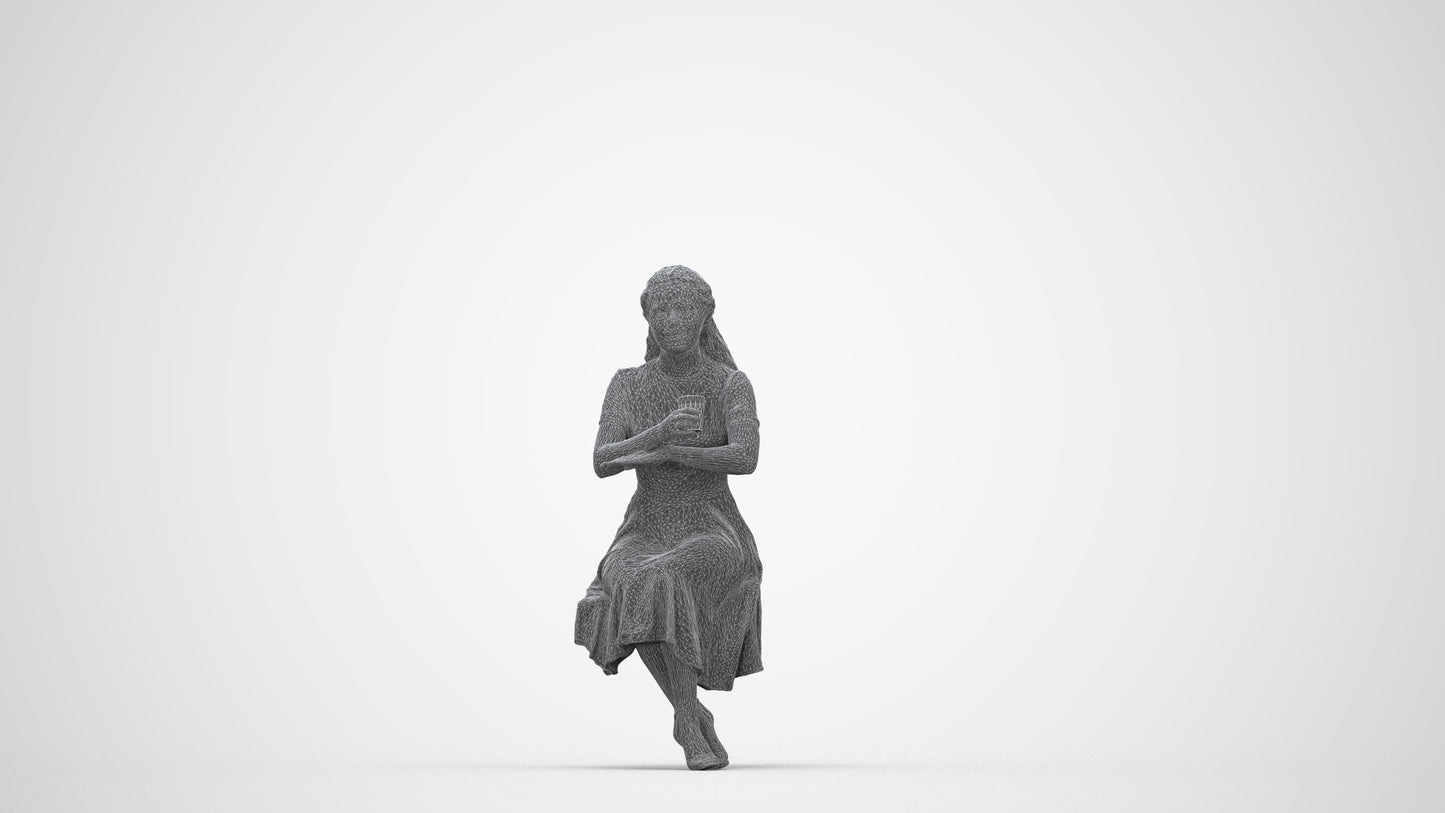3D human model woman casual sitting, photogrammetry scanned person for archviz, wireframe back view