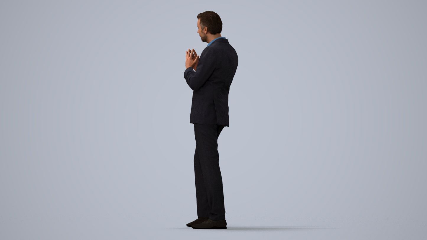 realistic 3D human man business, archviz people FBX OBJ for Blender, three-quarter view render