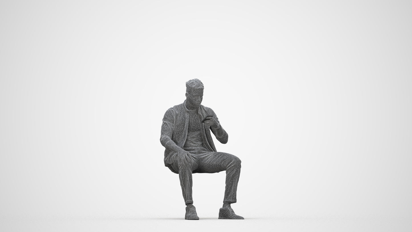 photogrammetry 3D man business sitting, realistic human model archviz FBX, wireframe back view