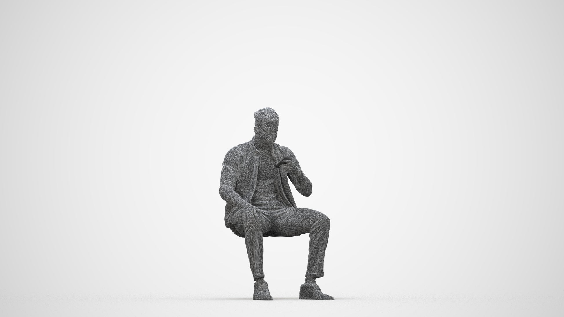 photogrammetry 3D man business sitting, realistic human model archviz FBX, wireframe back view
