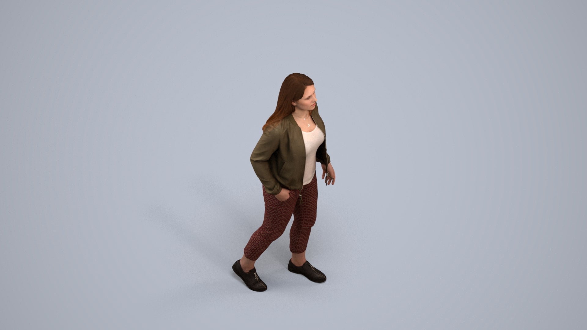 3D scanned woman walking casual, photorealistic archviz people for Enscape and SketchUp, back view render