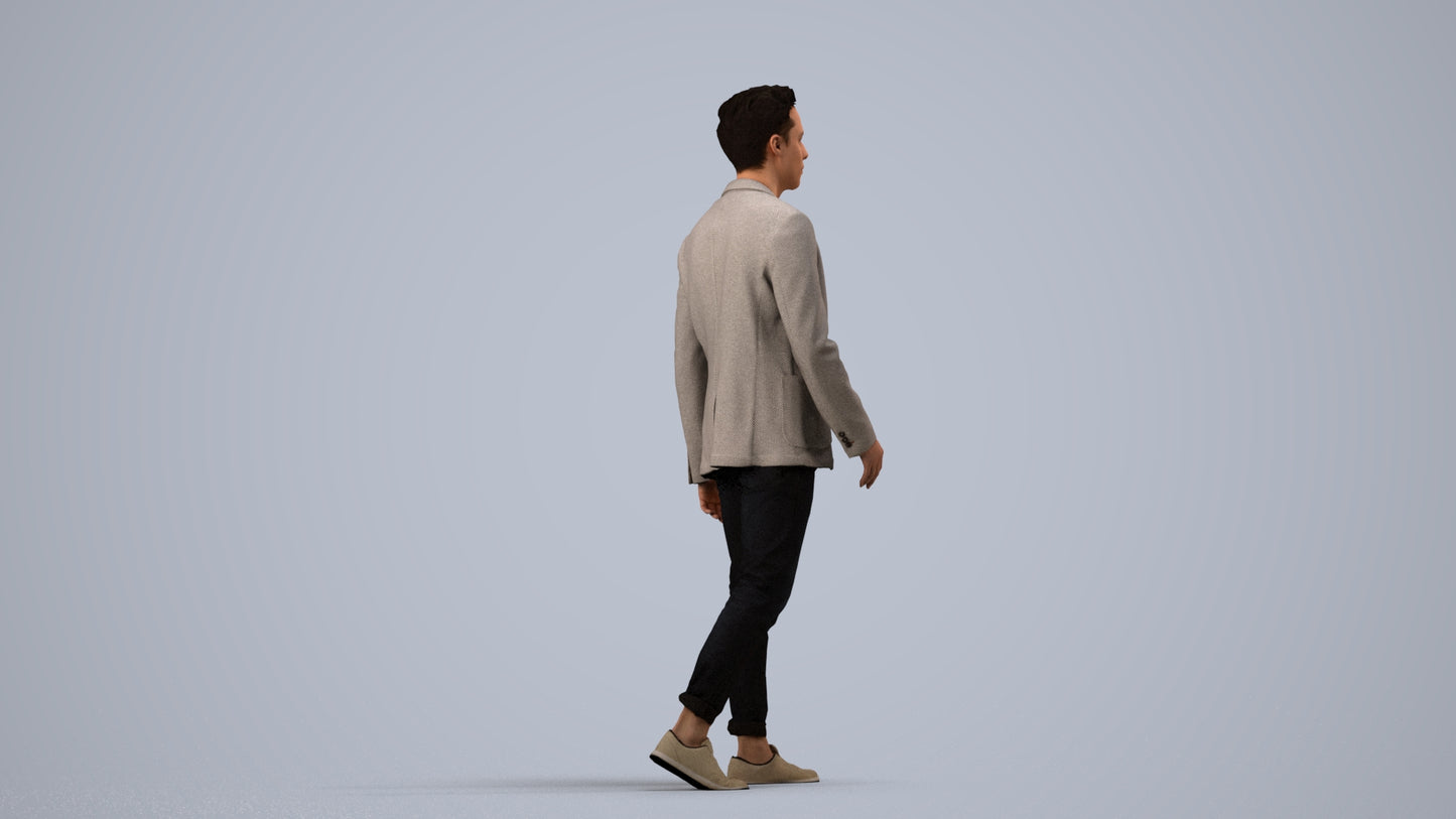 3D scanned man walking business, photorealistic archviz people for Enscape and SketchUp, side view render