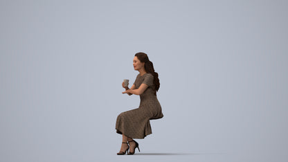 3D human model woman casual sitting, photogrammetry scanned person for archviz, three-quarter view render