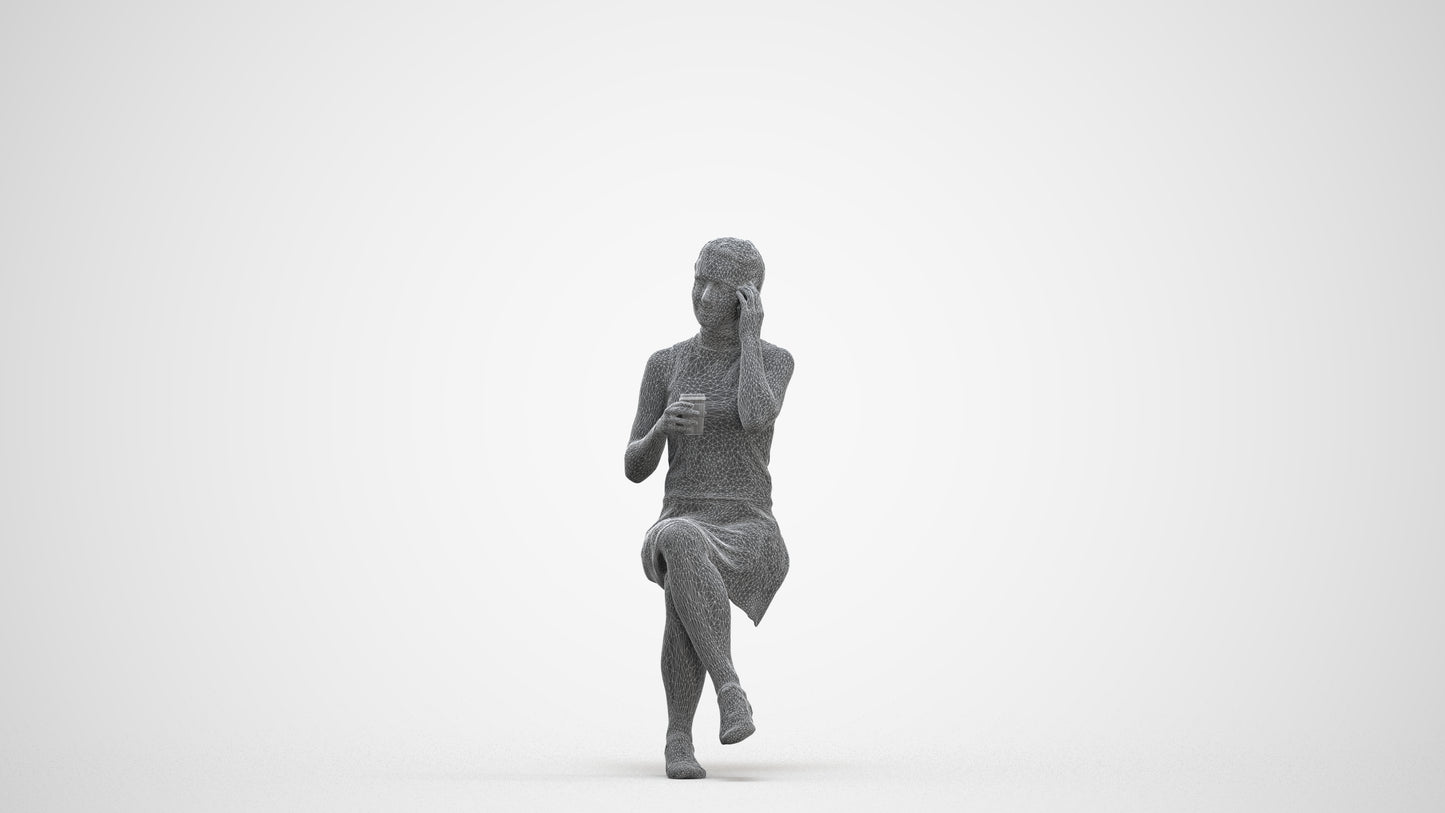 realistic 3D people woman sitting, render-ready for V-Ray and Corona, FBX OBJ, three-quarter front view render