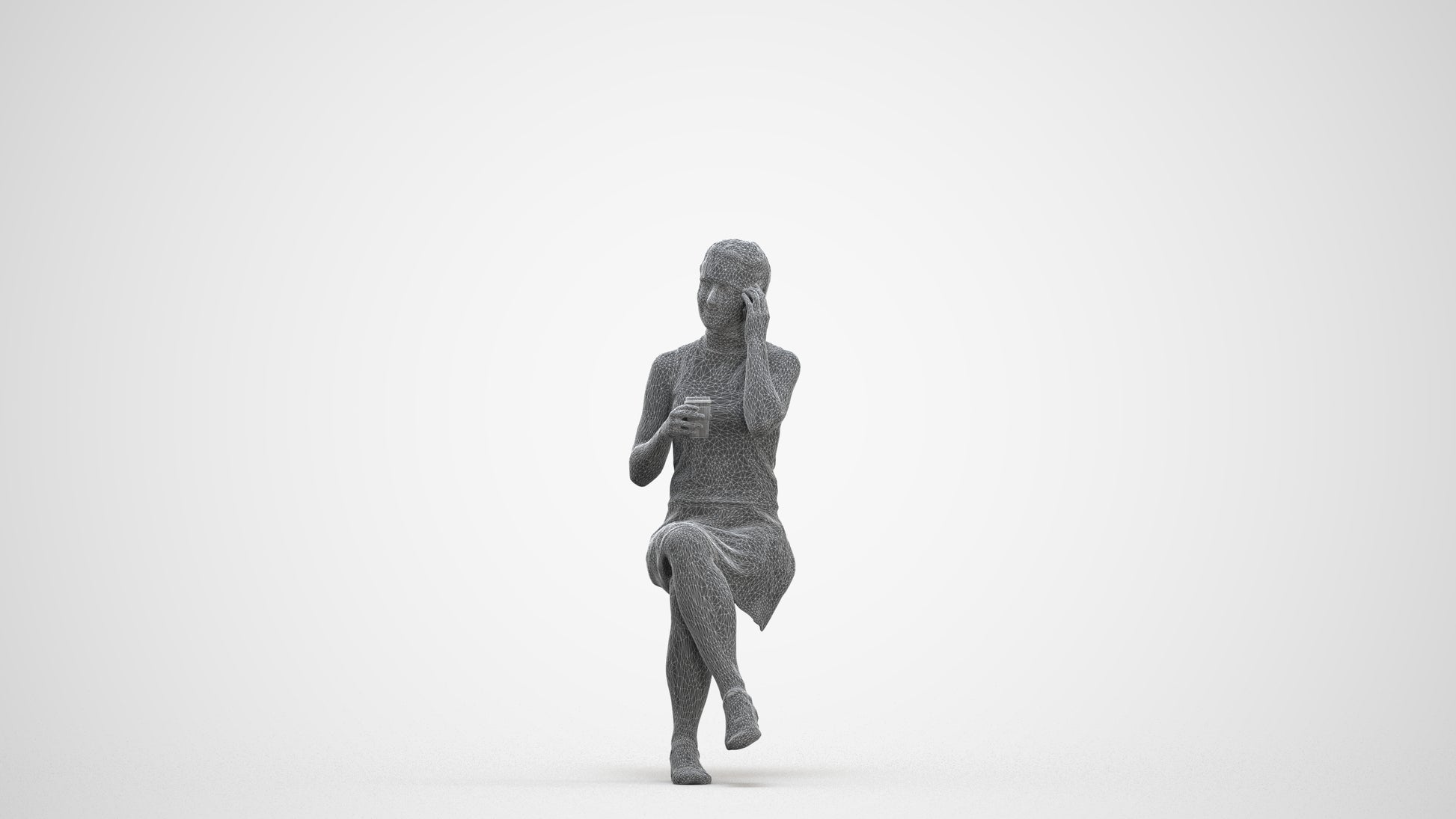 realistic 3D people woman sitting, render-ready for V-Ray and Corona, FBX OBJ, three-quarter front view render