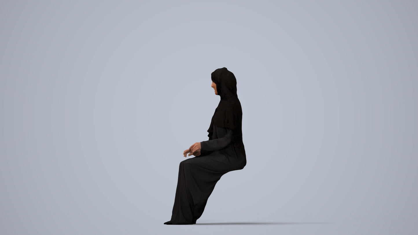 realistic 3D human woman sitting, archviz people FBX OBJ for Blender, three-quarter view render