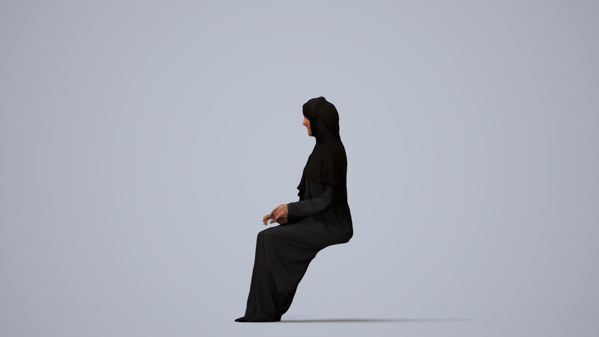 realistic 3D human woman sitting, archviz people FBX OBJ for Blender, three-quarter view render