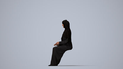 realistic 3D human woman sitting, archviz people FBX OBJ for Blender, three-quarter view render