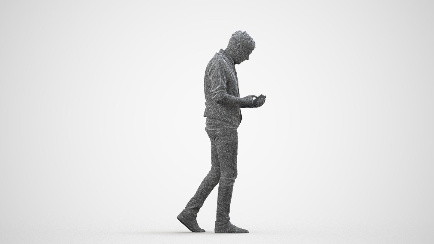 scanned 3D man casual walking, photogrammetry people for Enscape and V-Ray, wireframe side view