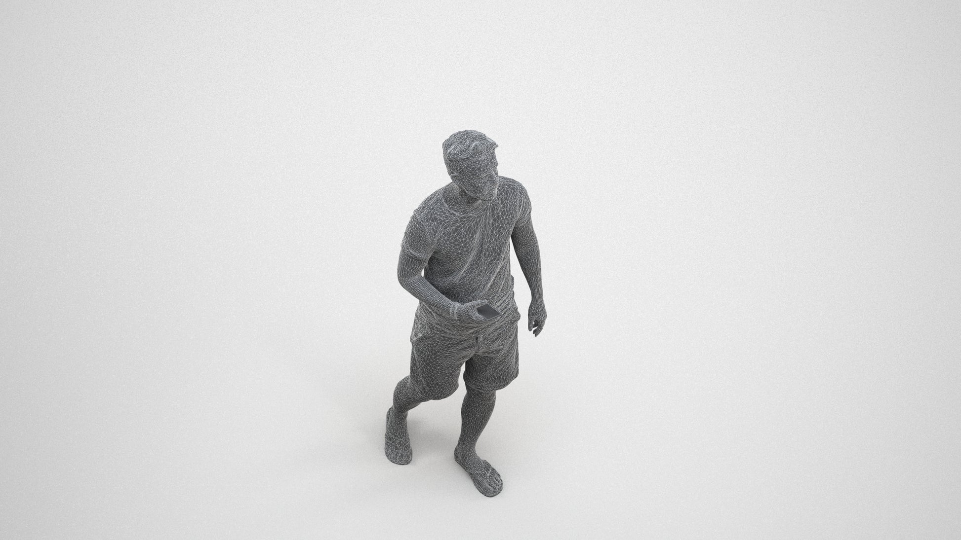 3D scanned man walking, photorealistic archviz people for Enscape and SketchUp, wireframe three-quarter view