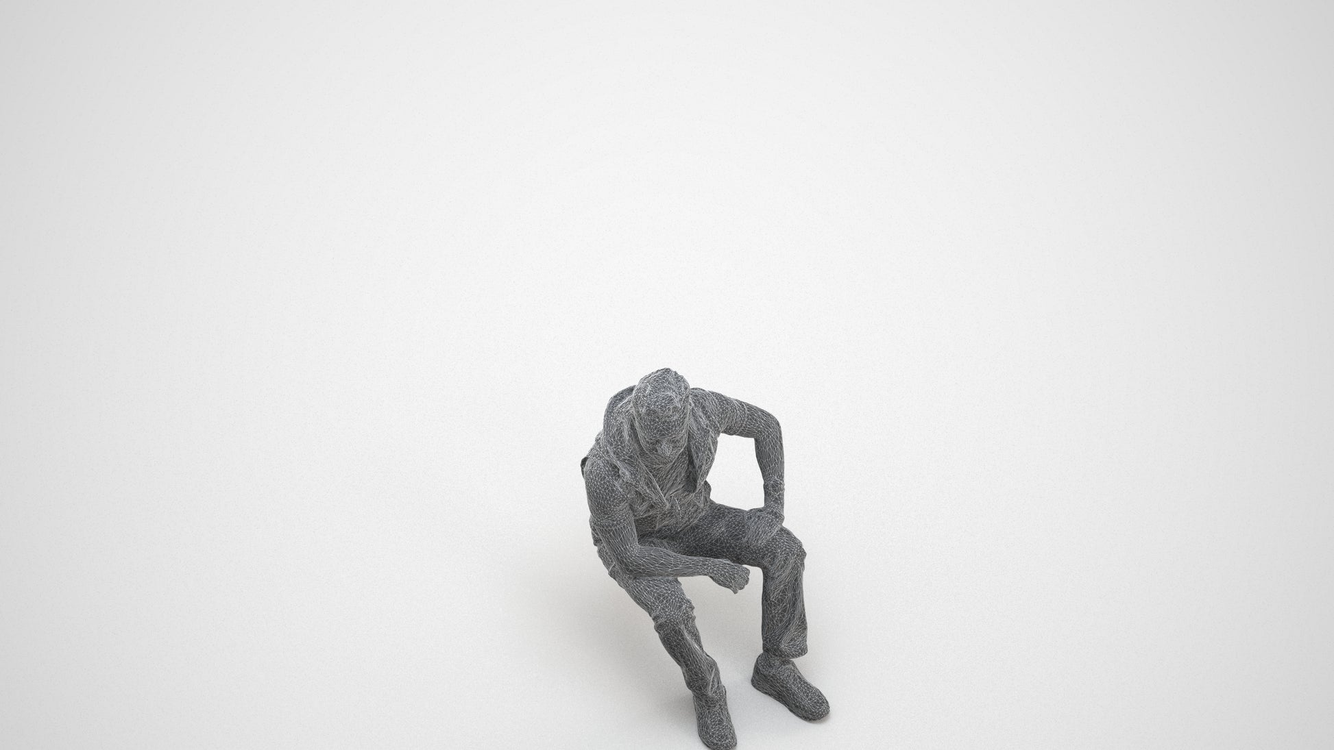 3D people model man casual sitting, scanned human for 3ds Max rendering, wireframe three-quarter view