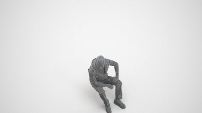 3D people model man casual sitting, scanned human for 3ds Max rendering, wireframe three-quarter view
