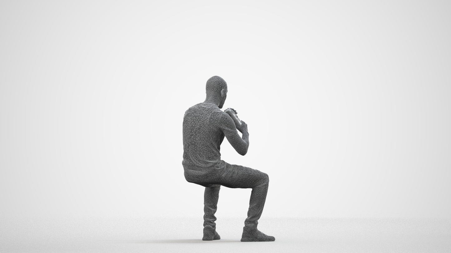 3D human model man casual sitting, photogrammetry scanned person for archviz, wireframe side view