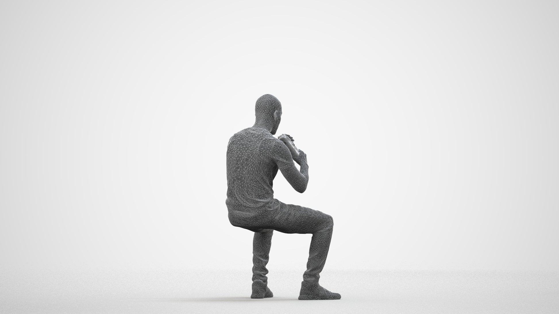 3D human model man casual sitting, photogrammetry scanned person for archviz, wireframe side view