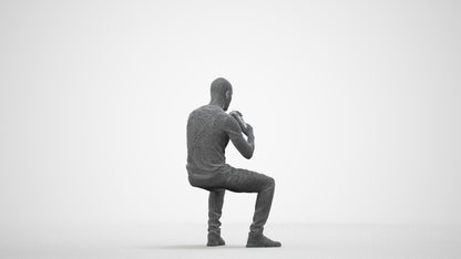3D human model man casual sitting, photogrammetry scanned person for archviz, wireframe side view