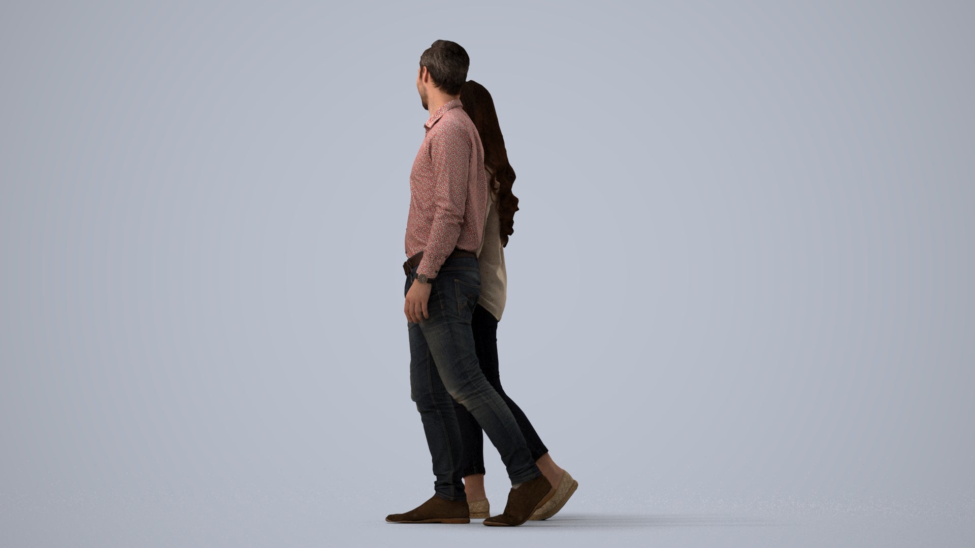 realistic 3D human woman casual couple, archviz people FBX OBJ for Blender, three-quarter view render