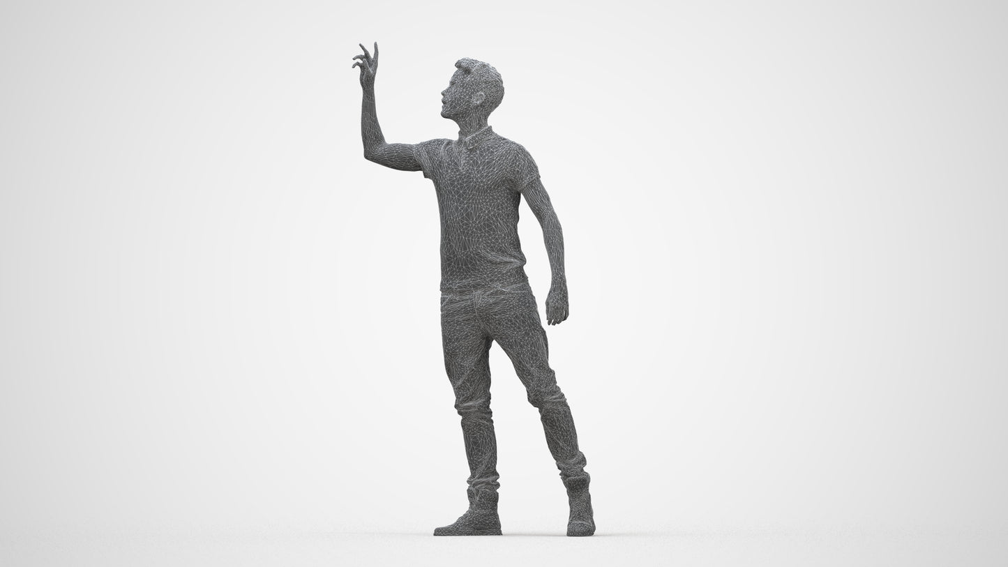 3D human model man casual standing, photogrammetry scanned person for archviz, wireframe back view