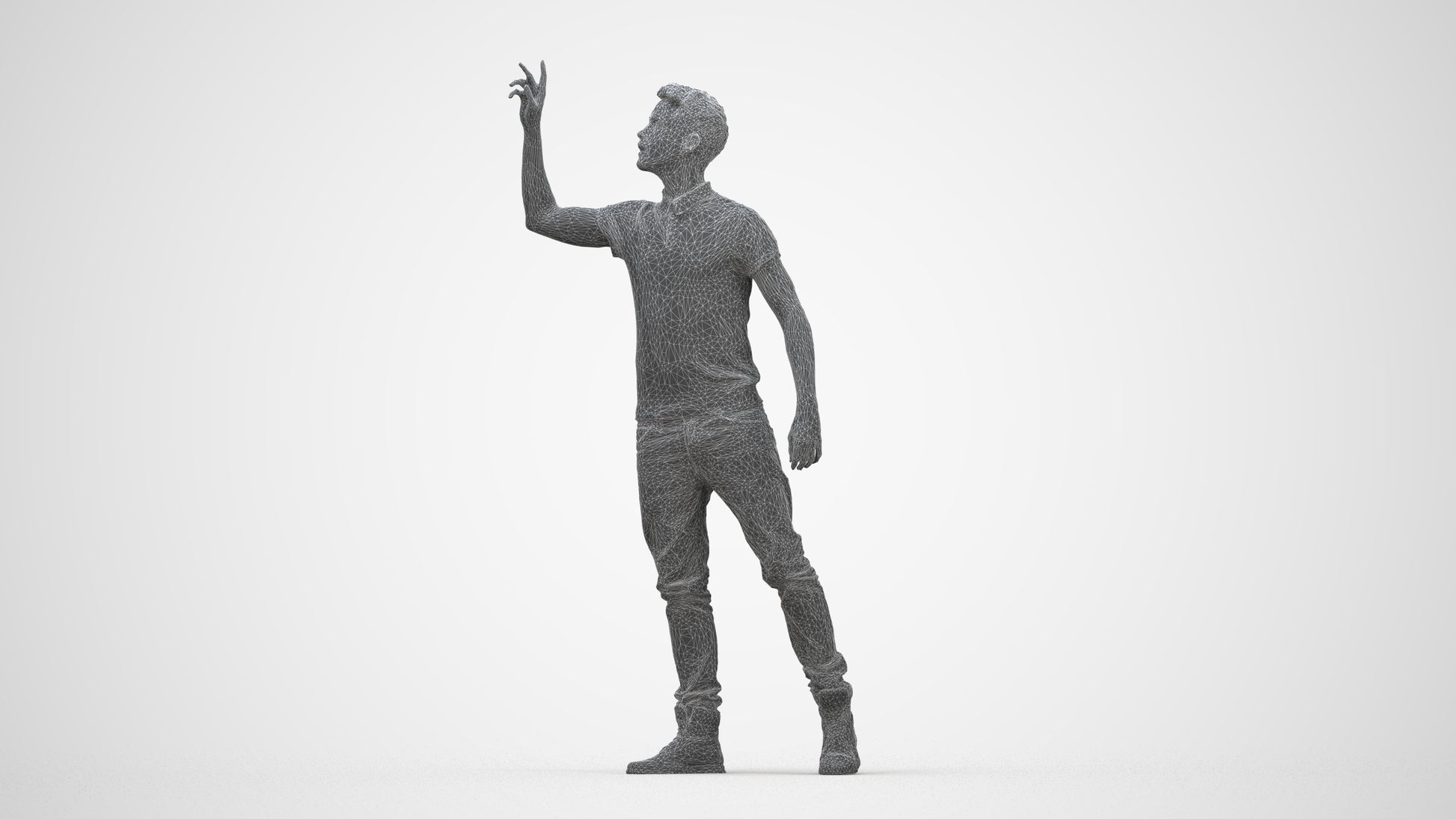 3D human model man casual standing, photogrammetry scanned person for archviz, wireframe back view