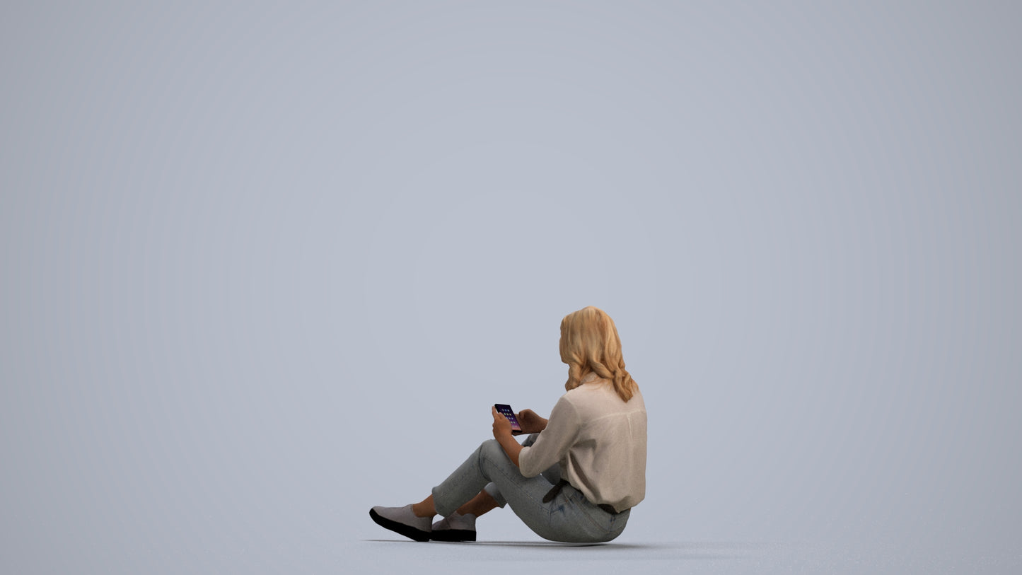 3D people model woman casual sitting, scanned human for 3ds Max rendering, front view render