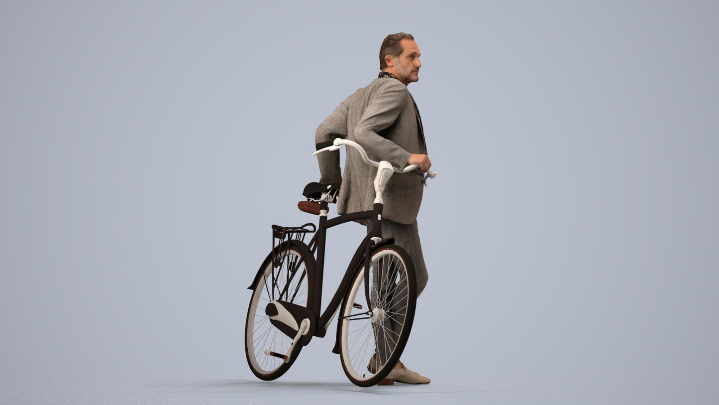 3D human model man business cycling, photogrammetry scanned person for archviz, side view render