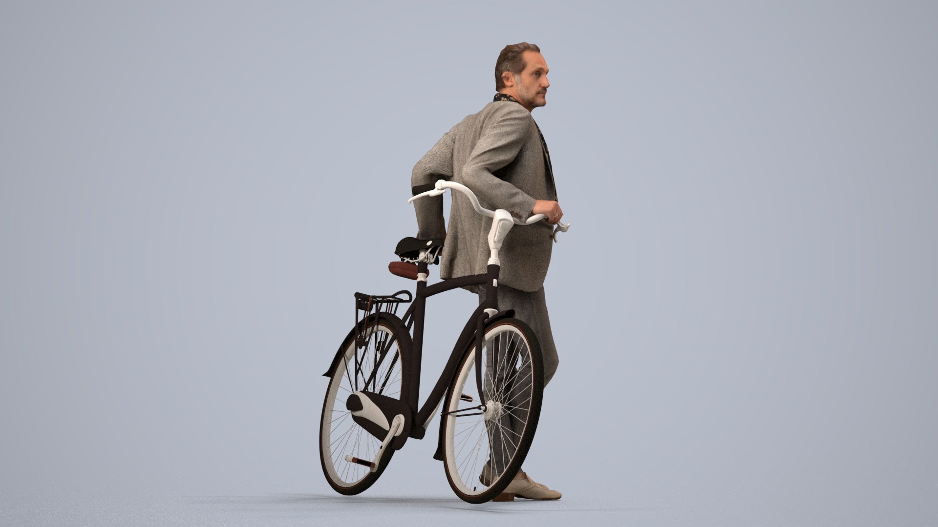 3D human model man business cycling, photogrammetry scanned person for archviz, side view render