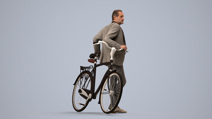 3D human model man business cycling, photogrammetry scanned person for archviz, side view render