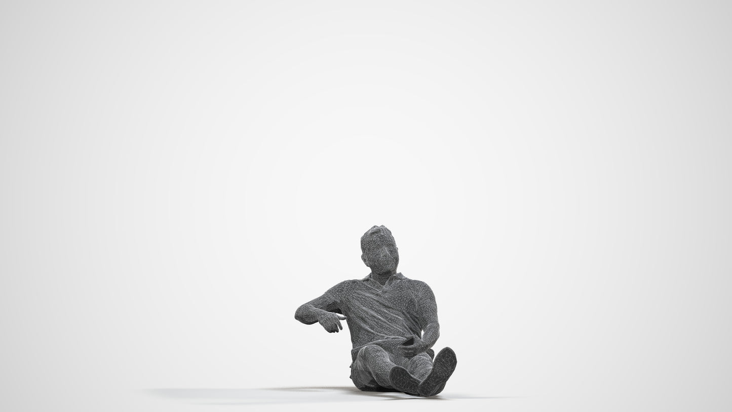 3D scanned man sitting casual, photorealistic archviz people for Enscape and SketchUp, wireframe side view