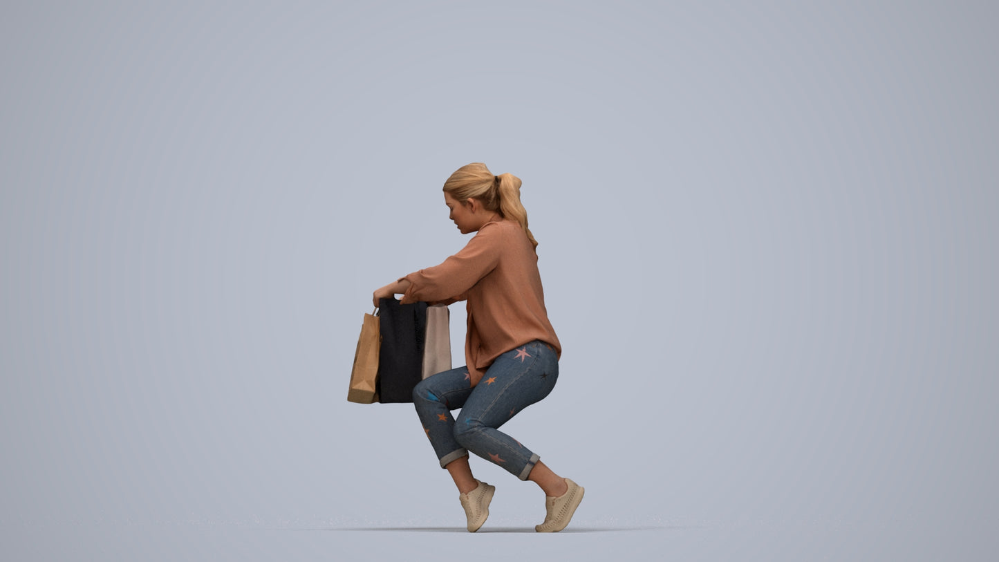 3D human model woman casual shopping, photogrammetry scanned person for archviz, top-down view render