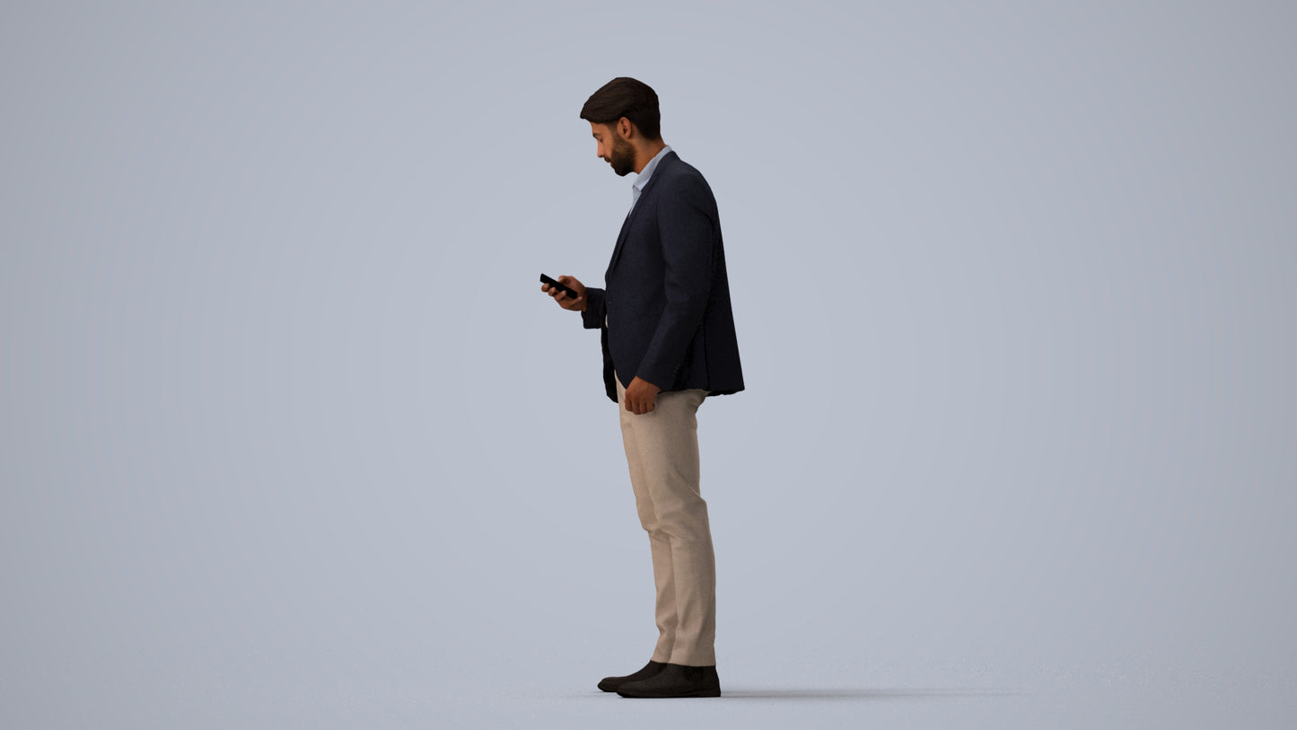 realistic 3D human man business, archviz people FBX OBJ for Blender, three-quarter view render