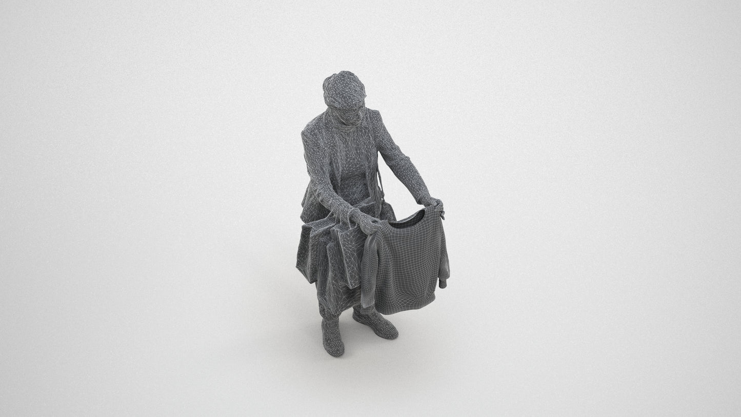 photogrammetry 3D senior woman business shopping, realistic human model archviz FBX, wireframe three-quarter view