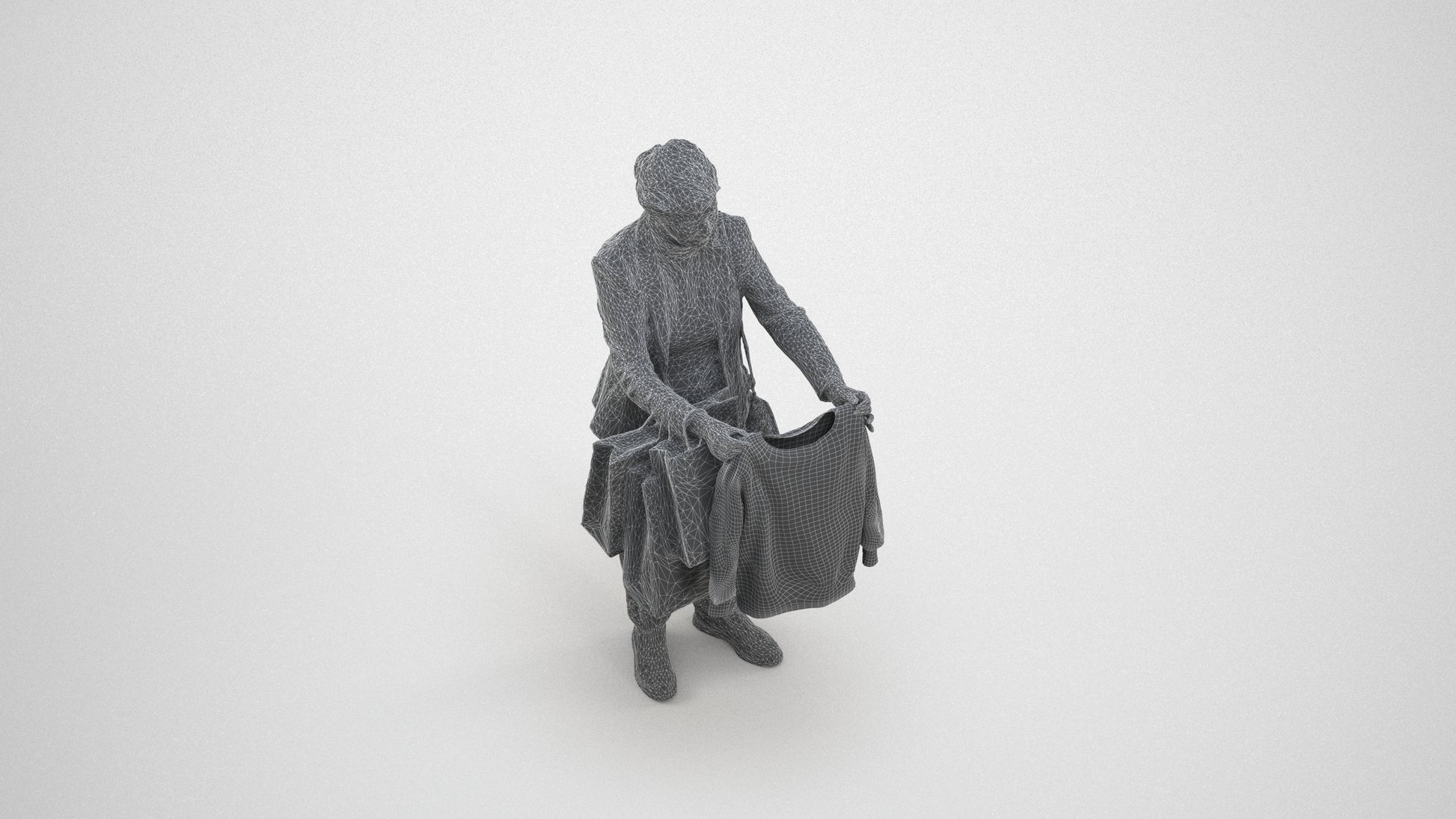 photogrammetry 3D senior woman business shopping, realistic human model archviz FBX, wireframe three-quarter view