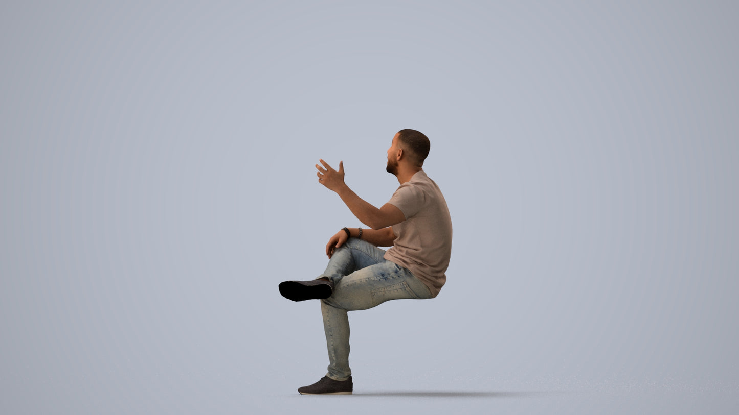 realistic 3D people man casual sitting, render-ready for V-Ray and Corona, FBX OBJ, three-quarter view render