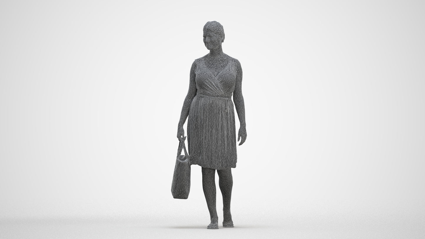 3D scanned woman shopping casual, photorealistic archviz people for Enscape and SketchUp, three-quarter front view render