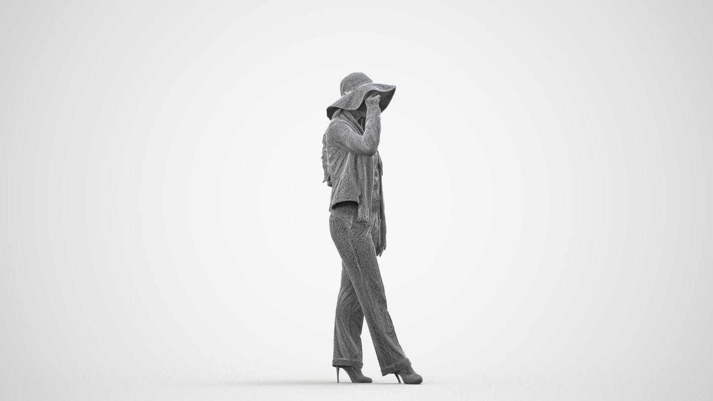 realistic 3D people woman casual standing, render-ready for V-Ray and Corona, FBX OBJ, wireframe side view