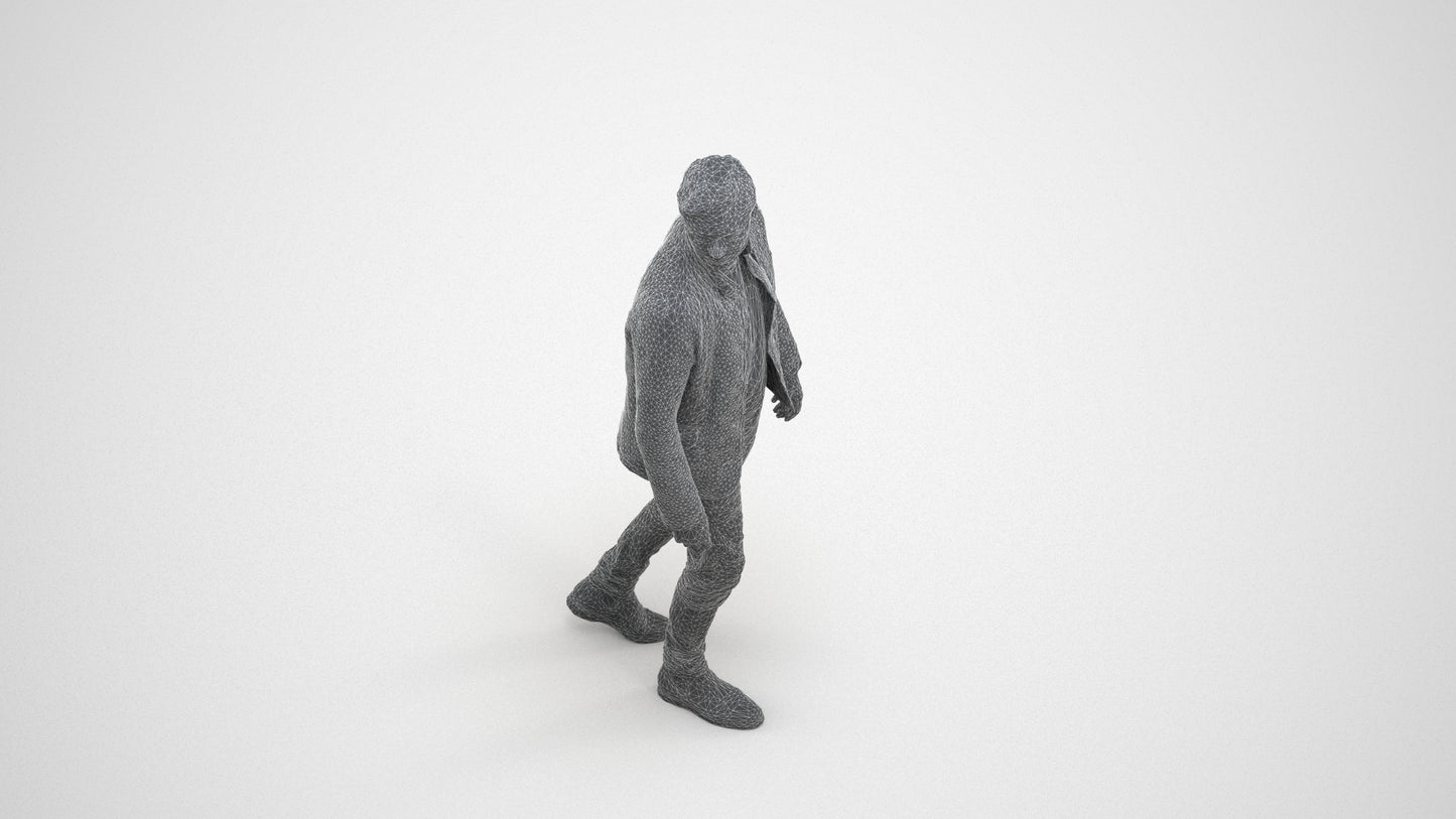 scanned 3D man casual walking, photogrammetry people for Enscape and V-Ray, wireframe three-quarter view
