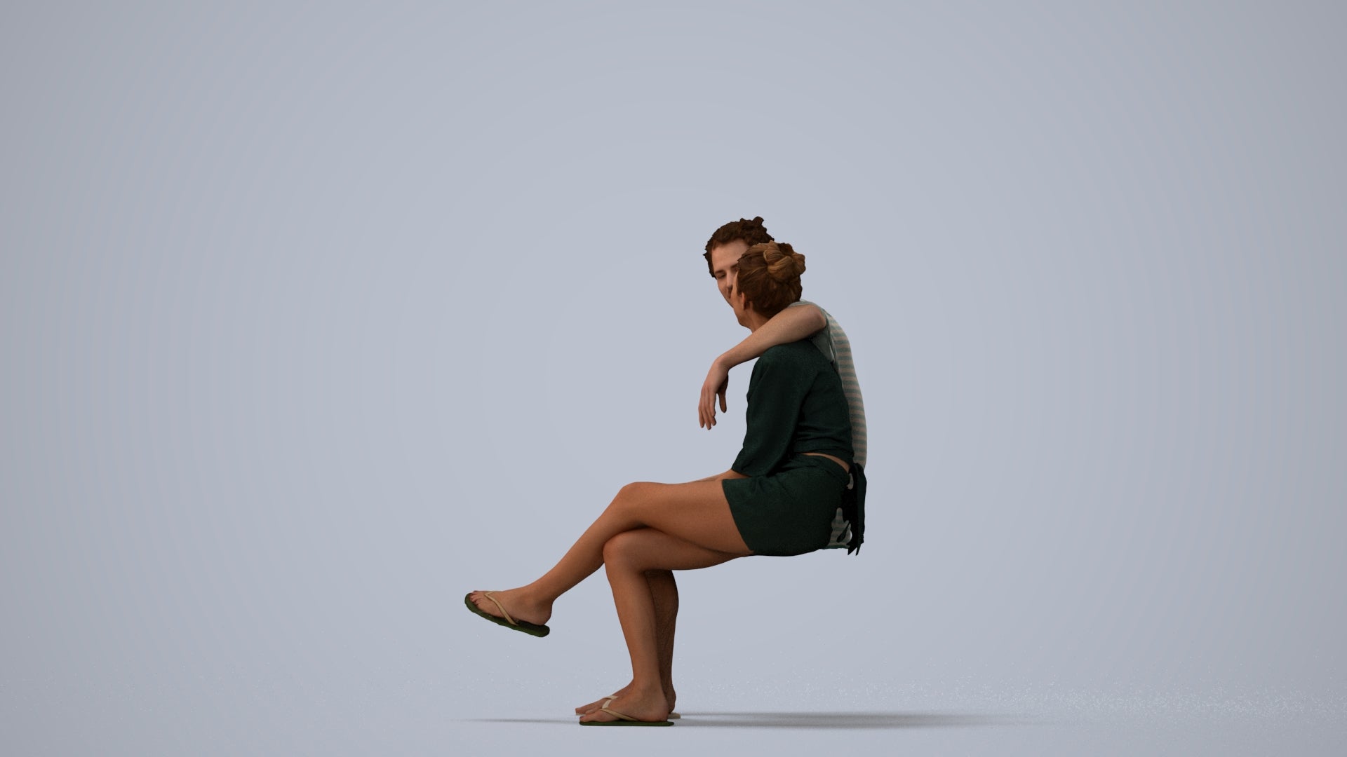3D human model woman casual couple, photogrammetry scanned person for archviz, three-quarter view render