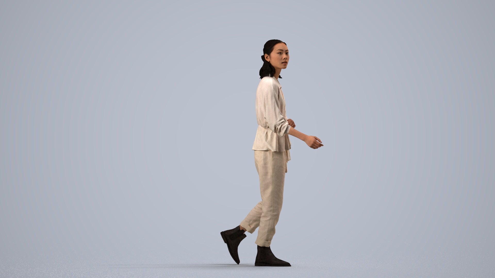 3D people model woman casual walking, scanned human for 3ds Max rendering, side view render