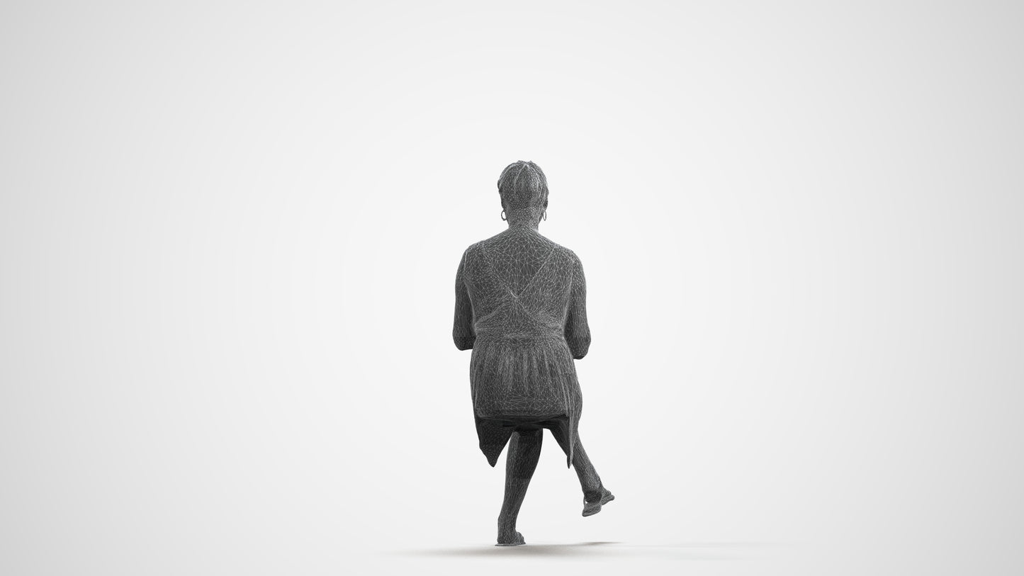 3D scanned woman sitting casual, photorealistic archviz people for Enscape and SketchUp, wireframe front view