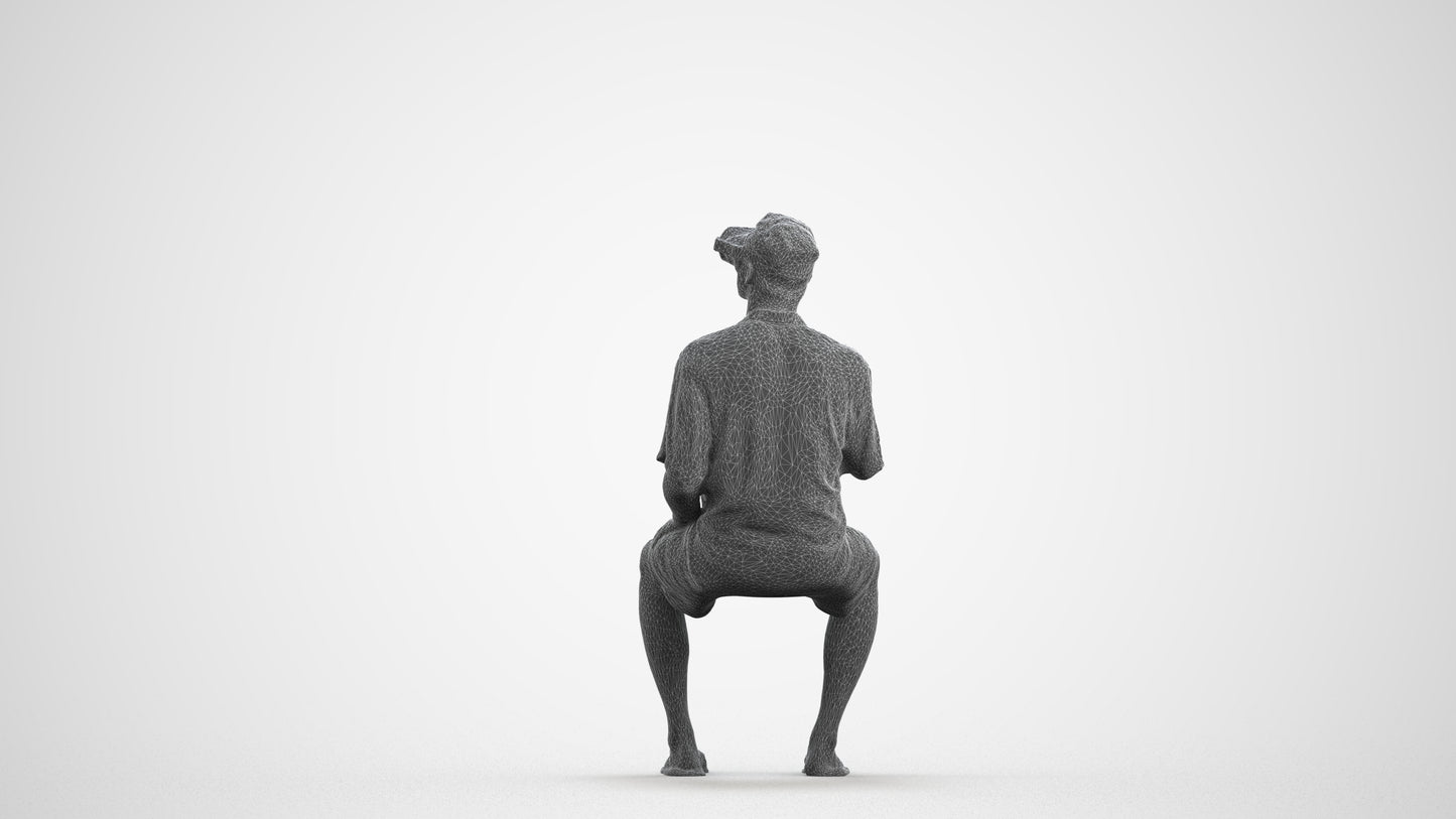 3D human model man casual sitting, photogrammetry scanned person for archviz, wireframe front view