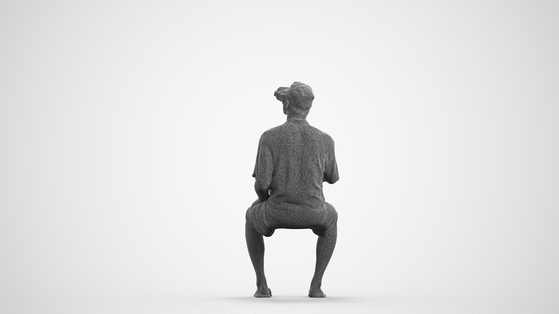 3D human model man casual sitting, photogrammetry scanned person for archviz, wireframe front view