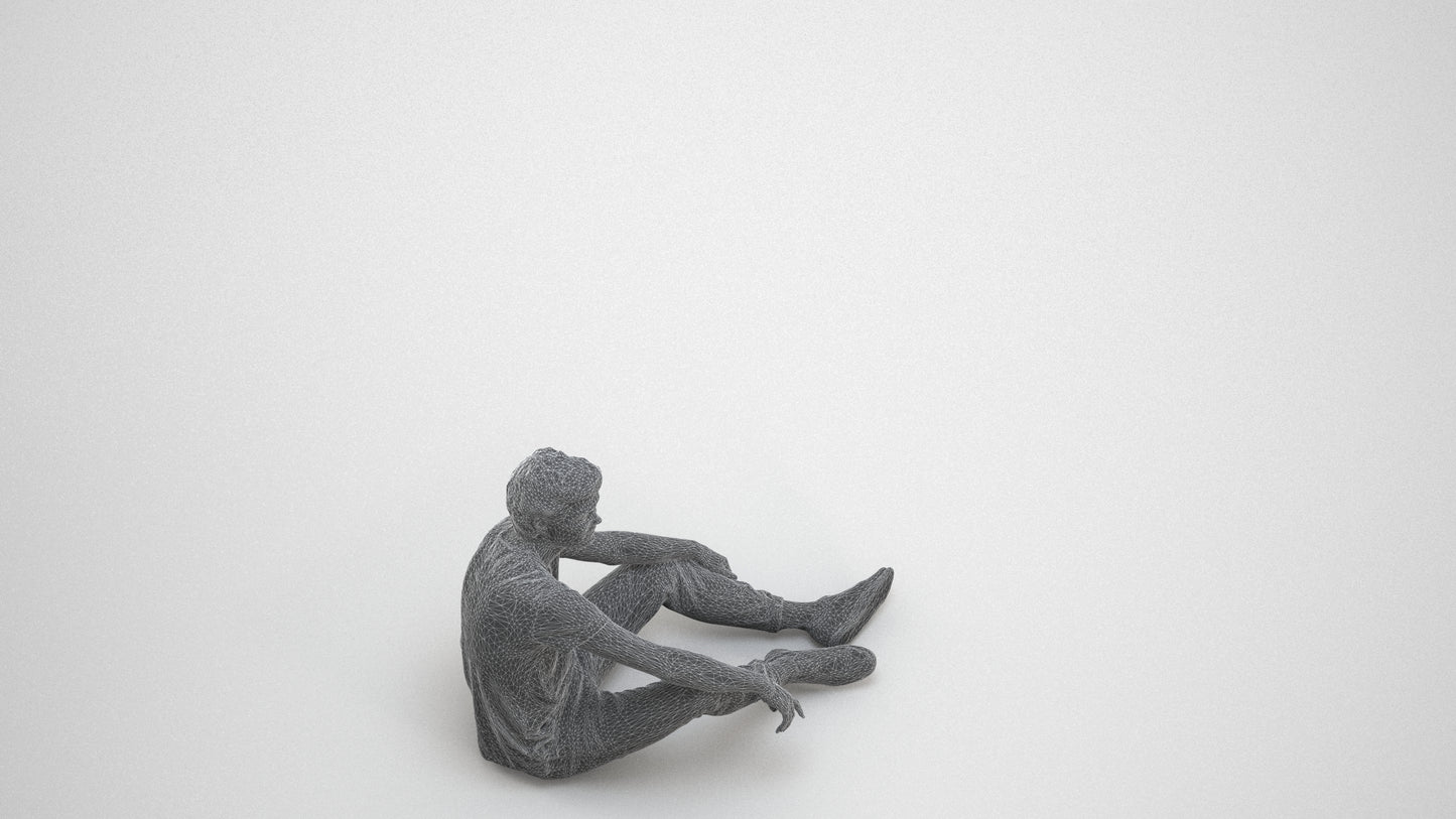 3D scanned man sitting casual, photorealistic archviz people for Enscape and SketchUp, wireframe three-quarter view