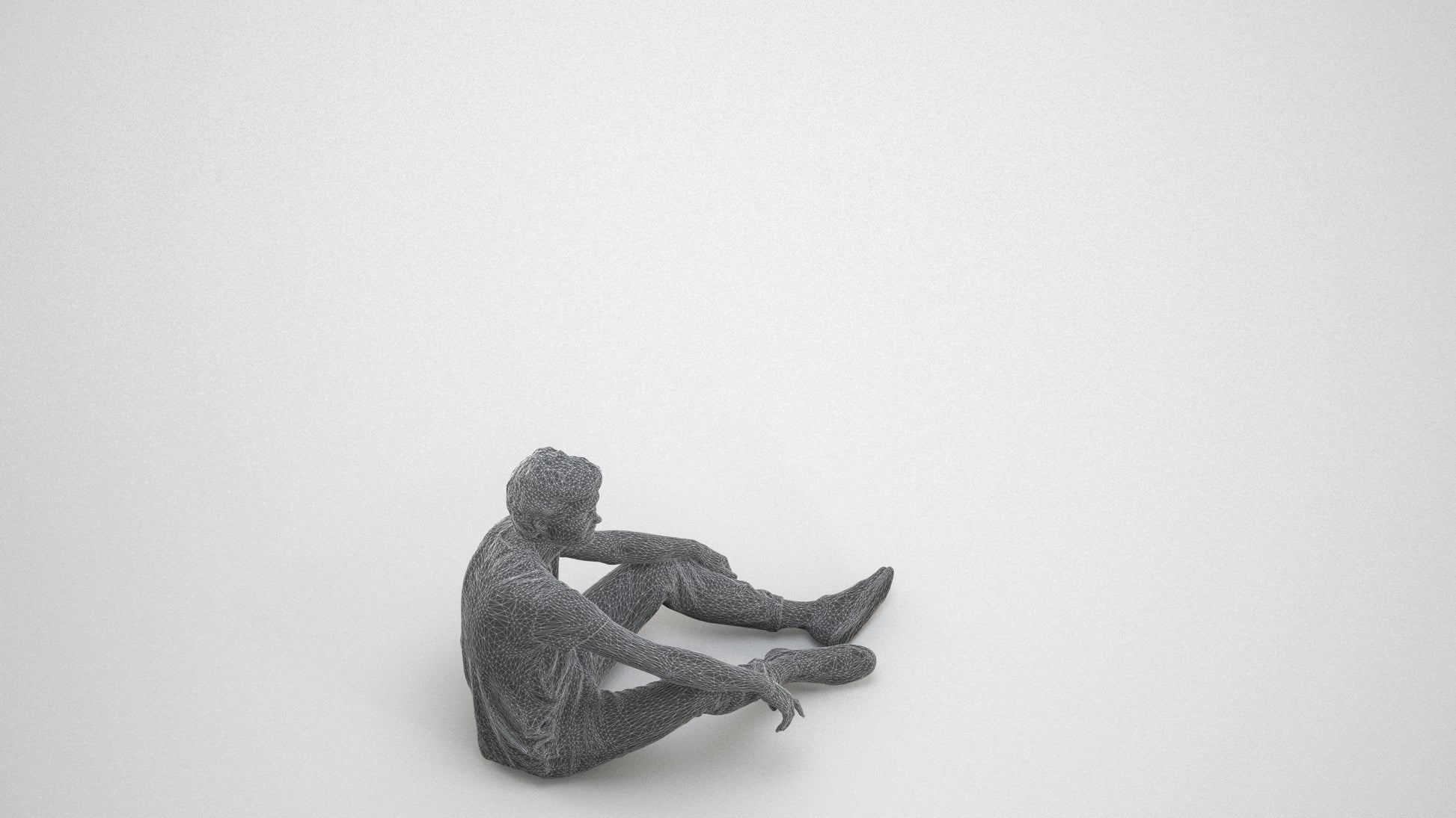 3D scanned man sitting casual, photorealistic archviz people for Enscape and SketchUp, wireframe three-quarter view