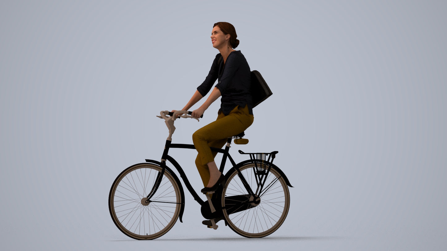 3D scanned woman cycling casual, photorealistic archviz people for Enscape and SketchUp, three-quarter view render