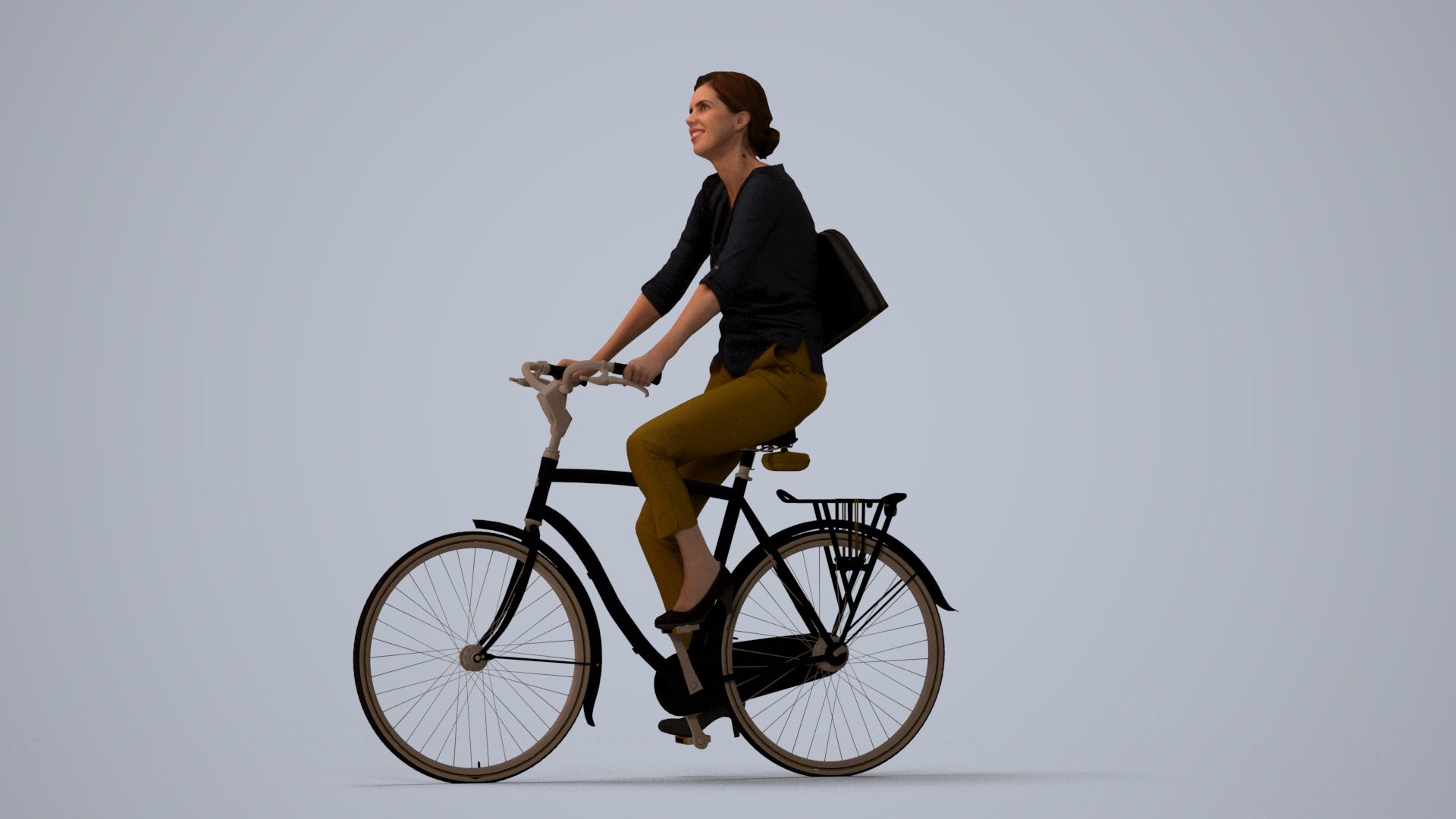 3D scanned woman cycling casual, photorealistic archviz people for Enscape and SketchUp, three-quarter view render